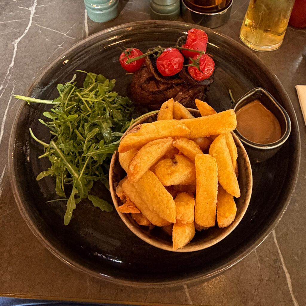 steak and chips with peppercorn sauce at the pickled sprout