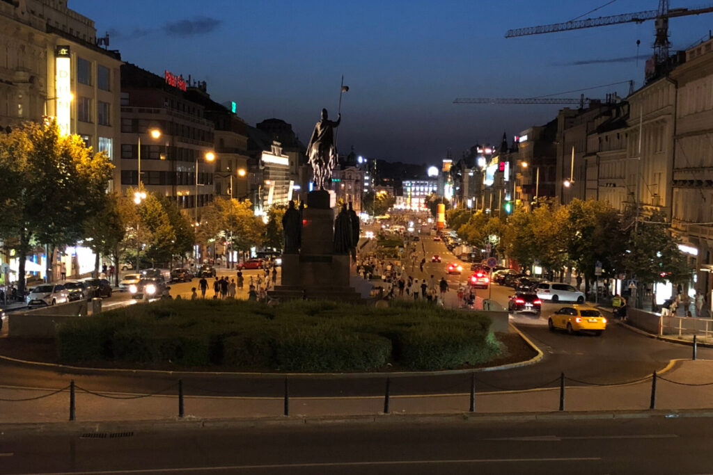 Wenceslas Square and the St. Wenceslas Monument in Prague at Night